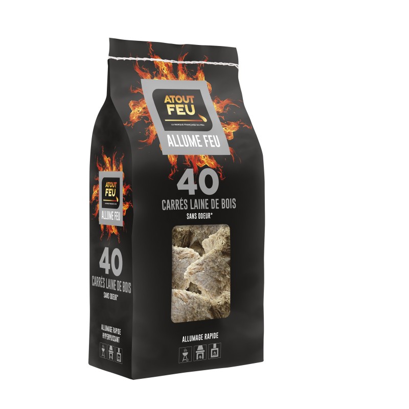 40 carrés laine de bois allume feu - Atout Feu