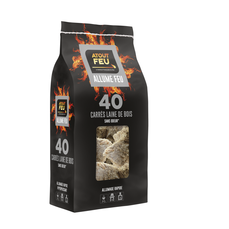 40 carrés laine de bois allume feu - Atout Feu